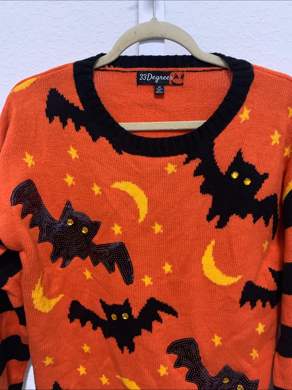 33 Degrees Orange Sweater with Black Bat Graphics - Picture 3 of 8